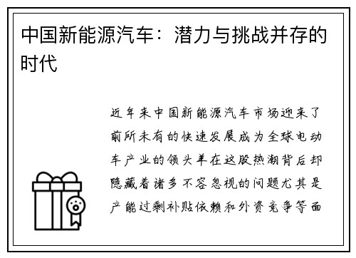 中国新能源汽车：潜力与挑战并存的时代