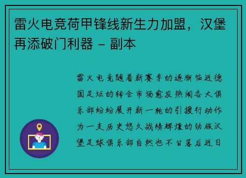 雷火电竞荷甲锋线新生力加盟，汉堡再添破门利器 - 副本