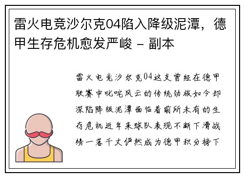 雷火电竞沙尔克04陷入降级泥潭，德甲生存危机愈发严峻 - 副本